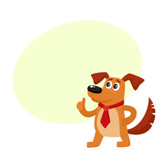 Funny brown house dog character in red tie showing thumb up, cartoon vector illustration isolated on white background with speech bubble