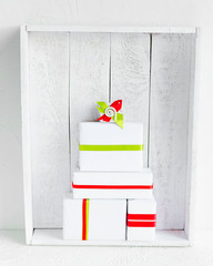 Christmas tree of white gift boxes, isolated. Holiday concept.