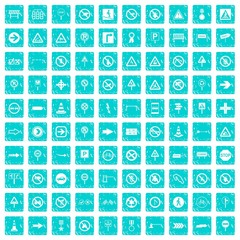 100 road signs icons set grunge blue