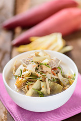 Thai food (Kaeng Hua Plee), spicy banana flower soup with pork in a bowl