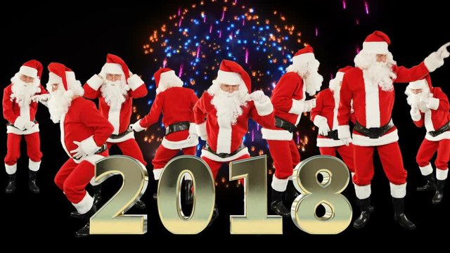 Bunch of Santa Claus Dancing and 2018 sign, fireworks