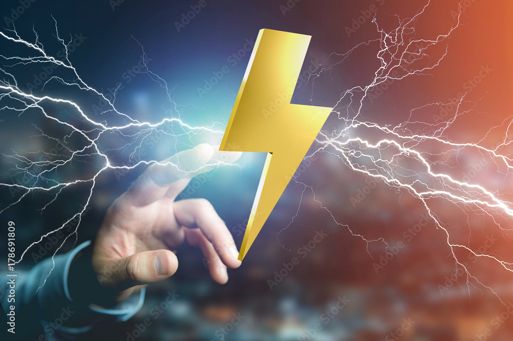 Poster thunder lighting bolt symbol displayed on a futuristic interface - 3d rendering