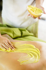 Young woman receiving back cream mask at spa center