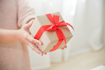 Closeup woman hands holding a brown gift box.