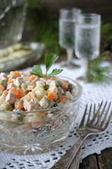 Traditional russian salad Olivier. 