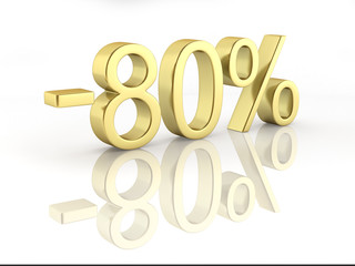 Gold text 80 percent off standing on the pedestal isolated on white background 3D render