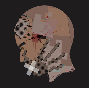 Man Victim Of Violence. 
Young man grunge stylized silhouette with hand print on the face and with taped mouth. Vector available. 