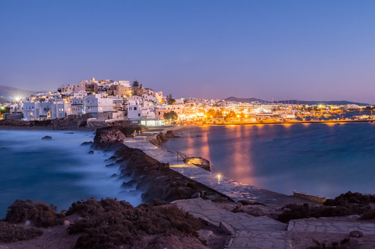 Naxos castle and harbour, HDR image after dusk with lights