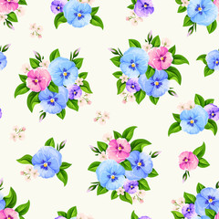 Vector seamless pattern with blue, pink and purple pansy flowers.