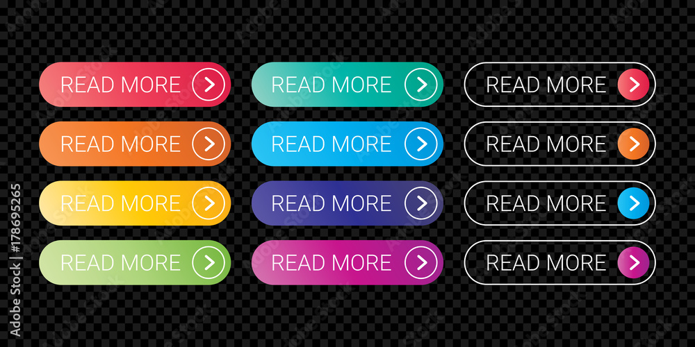 Aufkleber Read More web button flat design template with color gradient style. Vector web page button element isolated internet site page thin line outline modern button icons set on transparent background