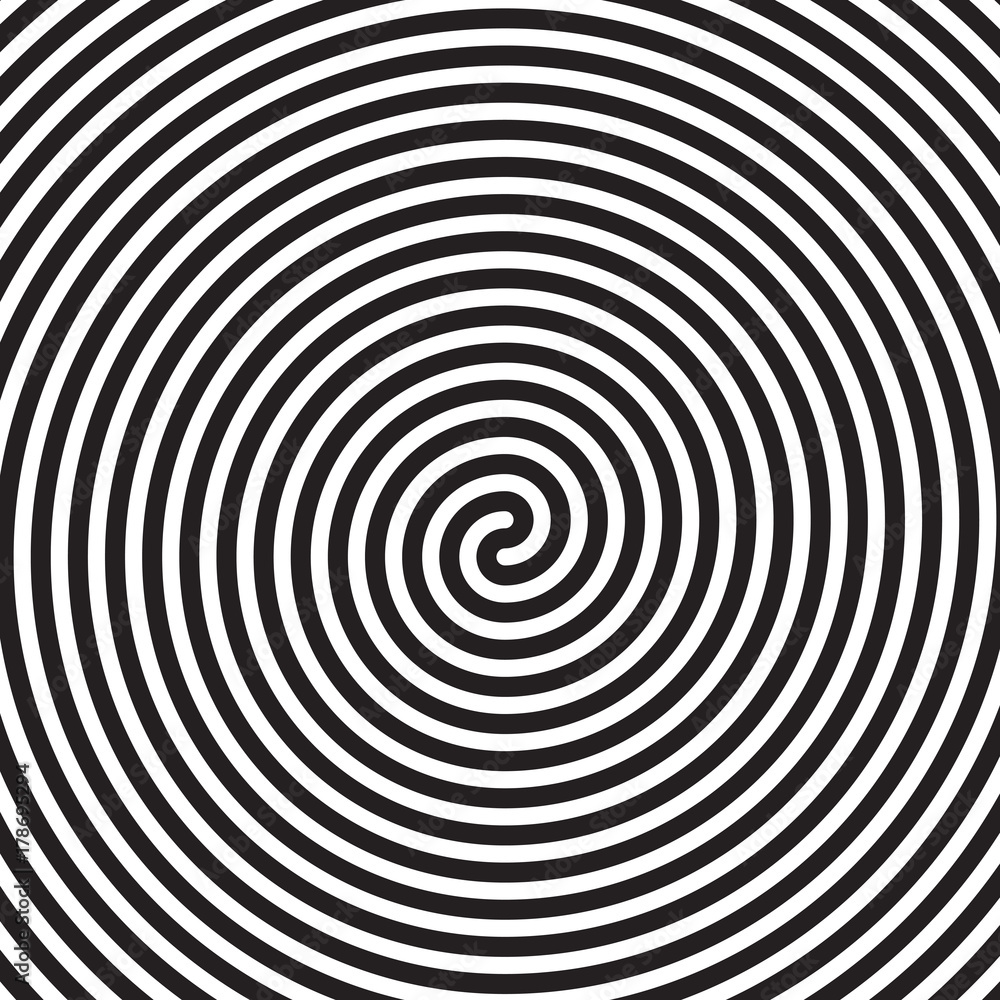 Poster Hypnotic circles abstract spiral lines swirl or optical illusion motion spin. Vector hypnotize circular pattern background of black white rotating hypnotic circles or psychedelic hypnosis lines