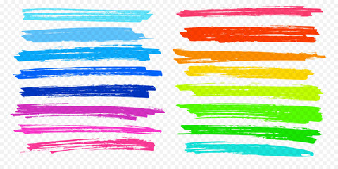 Highlight brush underline hand drawn strokes set. Vector marker or color pen lines in yellow, red, orange, green, blue highlighter strokes on transparent background - obrazy, fototapety, plakaty
