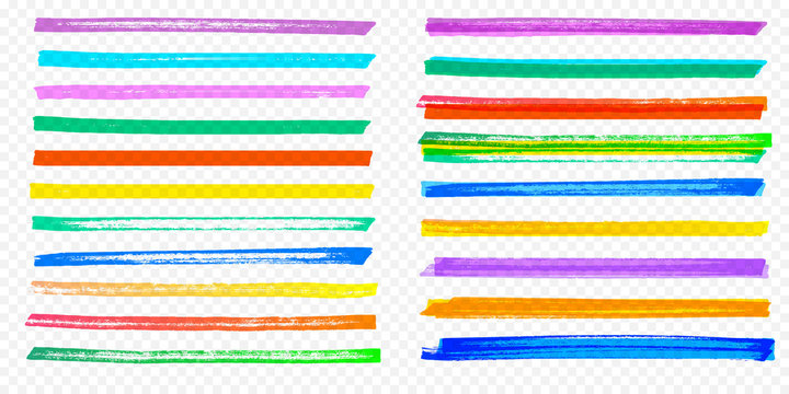 Highlight Brush Stroke Set. Vector Color Marker Pen Lines. Yellow, Red, Orange, Green, Blue And Purple Underline Hand Drawn Highlight Strokes On Transparent Background