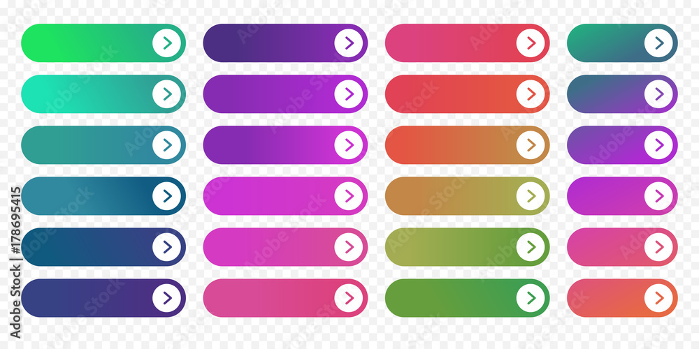 Aufkleber Web buttons flat design template with color gradient and thin line outline style. Vector isolated rectangular rounded web page next arrow button elements set on transparent background