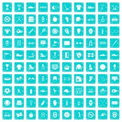 100 sport equipment icons set grunge blue