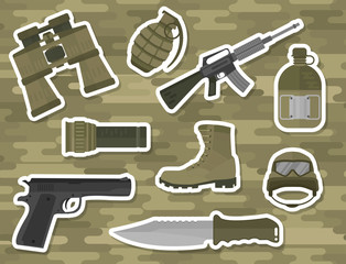 Military weapon guns armor forces american fighter ammunition camouflage sign vector illustration.