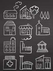 Various House Sketches on Chalkboard