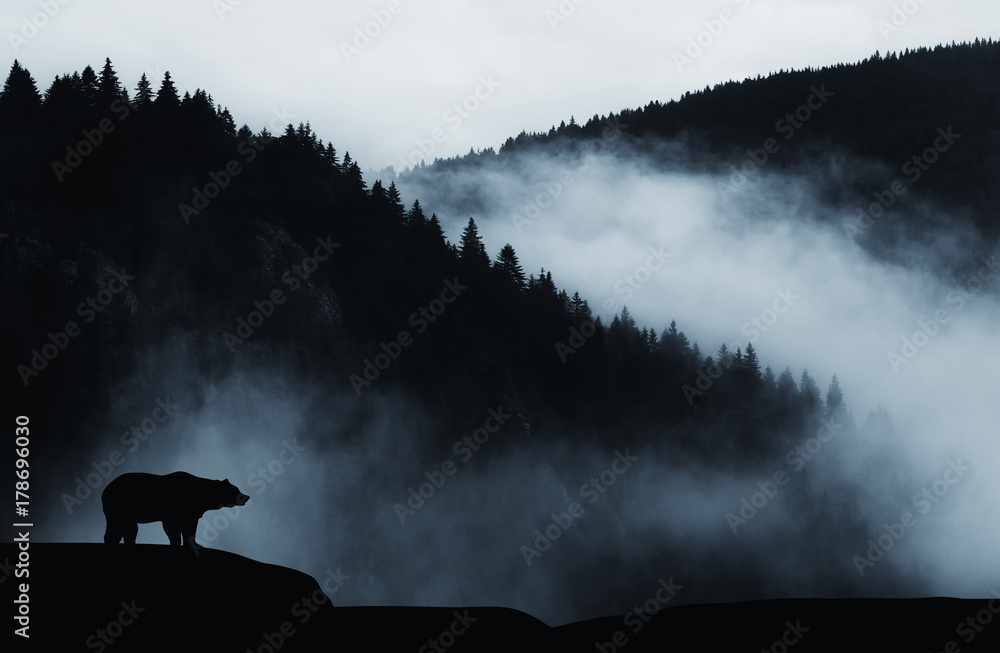 Wall mural minimal wilderness landscape with bear silhouette and misty mountains