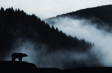 minimal wilderness landscape with bear silhouette and misty mountains - obrazy, fototapety, plakaty