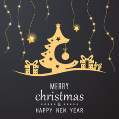 Golden christmas tree gifts background. Merry Christmas happy new year. Christmas tree. Creative Christmas tree. Merry Christmas greeting card.