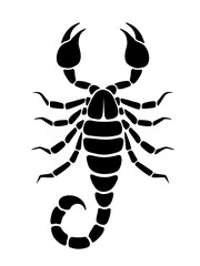 Vector black silhouette of a Scorpio isolated on a white background.