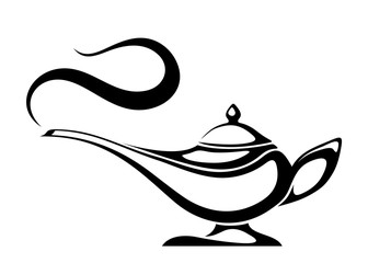 Vector black silhouette of an Arabic genie lamp isolated on a white background. - obrazy, fototapety, plakaty