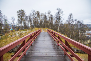 Fototapeta na wymiar A beautiful autumn landscape in Norway with a wooden bridge. Colorful, natural scenery.