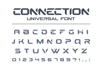 Technology connect universal font. Geometric, aggressive sport, futuristic, future techno alphabet. Letters and numbers for military, electric industry logo design. Modern minimalistic vector typeface