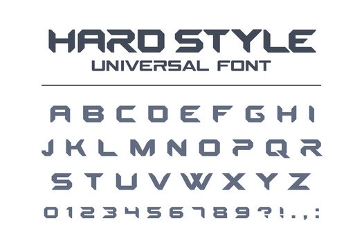 Hard style universal font. Military, army, sport, futuristic technology, future techno alphabet. Letters and numbers for heavy industrial, space game logo design. Modern minimalistic vector typeface