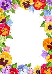 Vector background frame with colorful pansy, bluebell and lilac flowers and green leaves.