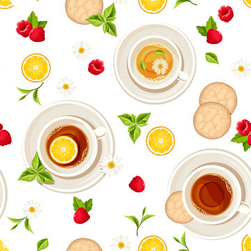 Vector seamless pattern with cups of tea, cookies, lemons, raspberries and leaves on a white background.