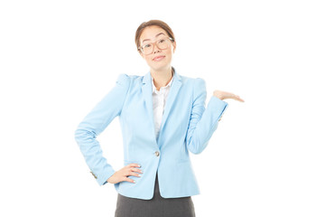 Studio portrait of Asian businesswoman in eyeglasses posing on white background