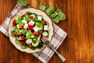 Fresh spinach salad with feta, cucumber and red paprika on a pla