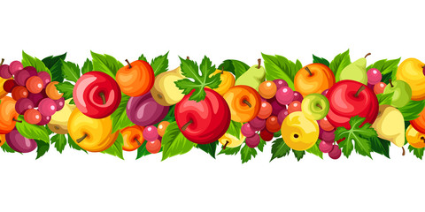 Vector horizontal seamless border with fruits (apples, pears and grapes) isolated on a white background.