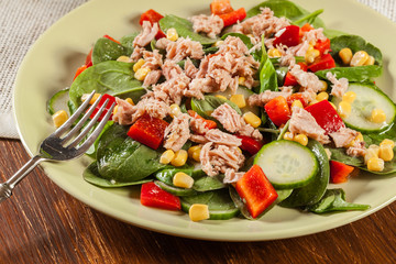 Fresh spinach salad with tuna, cucumber, corn, and red paprika on a plate