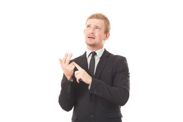 Portrait of emotional business manager on white background
