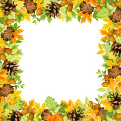 Vector frame background with green, yellow and orange autumn leaves, cones and acorns.