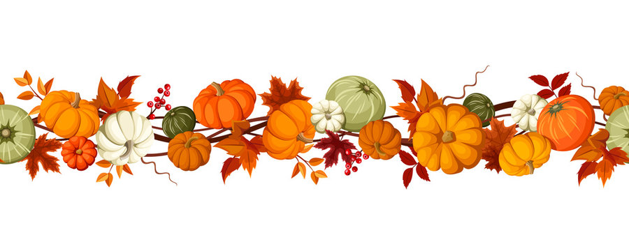 Vector horizontal seamless background with pumpkins and autumn leaves on a white background.