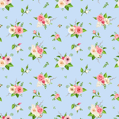 Vector seamless pattern with pink and white roses, lisianthuses, lilac and hydrangea flowers on a blue background.