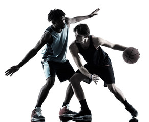 Fototapeta premium two basketball players men isolated in silhouette shadow on white background