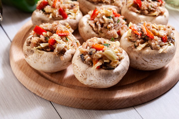 Champignon caps stuffed with minced meat