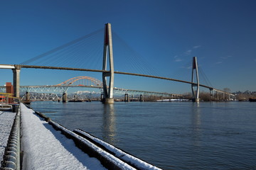 Sky Train Bridge, Pattullo Bridge and Railroad Track over the Fraser River between New Westminster and Surrey British Columbia