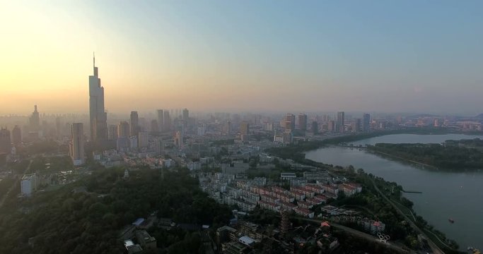 4K Aerial shot of Nanjing city,China, The City landmark at sunset