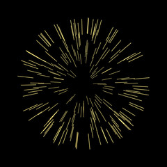 Gold explosion on dark background. Gold Christmas element for greeting cards, posters. Light rays effect.