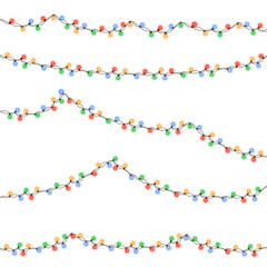 String purple garland  isolated on white background. Vector illustration of Christmas, New Year party decoration with transparency. Glowing light for card design. Lights border.