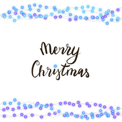 String blue garland and lettering isolated on white background. Vector illustration of merry Christmas, New Year party decoration with transparency. Glowing light for card design. Lights border