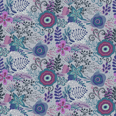 Seamless pattern with beautiful flowers and branches.