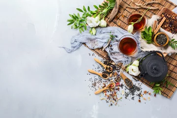 Tableaux ronds sur plexiglas Anti-reflet Theé Selection of japanese chinese herbal masala tea teapot