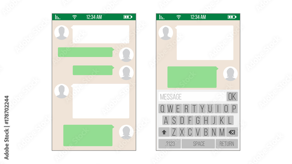 Aufkleber chat, sms application vector template. message boxes. modern mobile keyboard isolated illustration