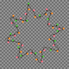 Vector illustration of Christmas, New Year lights isolated on background. Set of color string garlands. Realistic party decorations with transparency. Glowing light for holiday greeting card design.